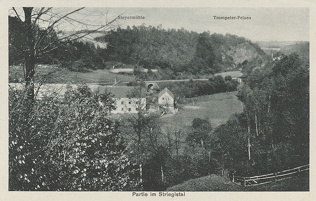 Historische Ansicht Striegistal mit Steyermühle und Trompeterfelsen (Quelle: Sagensammlung, Bd. 1; Fundus S. Brendecke)